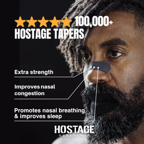 hostage tape nose strips image of middle aged bearded man wearing mouth tape and nose strips with the title of trusted by 100,000+ people and showing that this is extra strength, improves nasal congestion, and promotes nasal breathing for better sleep 