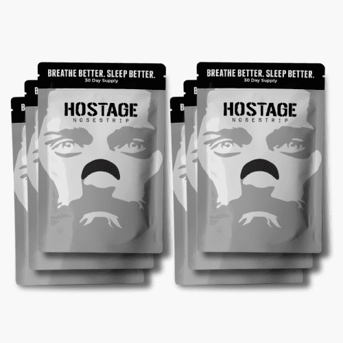 hostage tape 6 month bundle of nose strips with the title of trusted by 100,000+ people and UFC showing extra strength improves nasal congestion and promotes nasal breathing for life changing sleep 