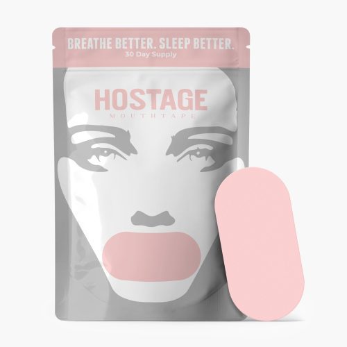 hostage tape image of womens pink mouth tape package front trusted by 100,000+ people and UFC showing that this will stop snoring is beard friendly and is life changing sleep 